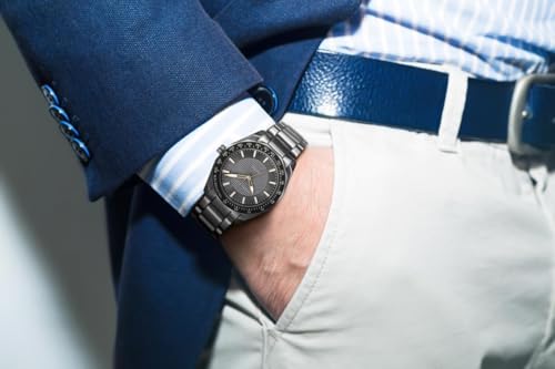 Perry Ellis Solar Men’s Watch – Round Gunmetal Dial and Alloy Band, Water-Resistant Analog