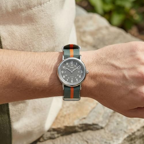 Timex Unisex Weekender 38mm Watch – Silver-Tone Case Gray Dial with Gray & Orange Fabric Slip-Thru Strap