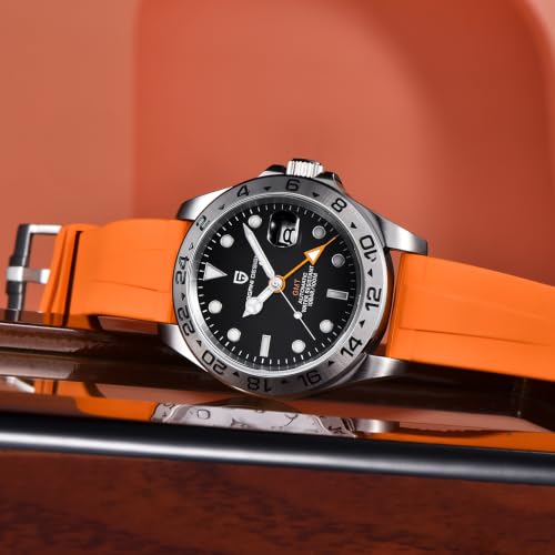 CEYADG Pagani Design Watches for Men Automatic Mechanical GMT Watch Analog Sapphire Glass Stainless Steel Sport Waterproof Luminous Men's Wrist Watches (Orange Strap Black Dial)