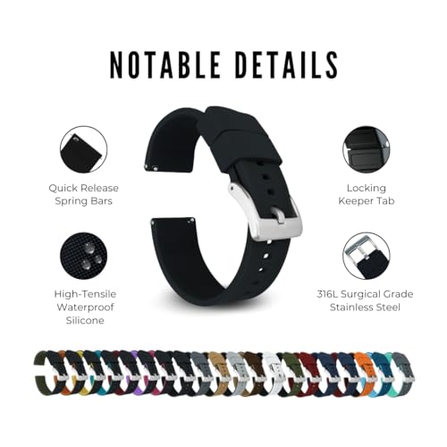 Barton Elite Silicone Watch Band (20mm) | Quick Release Premium Silicone Strap with Stainless Steel Buckle | Compatible with Classic & Smart Watches | Comfortable, Durable, Stylish, Waterproof - Black