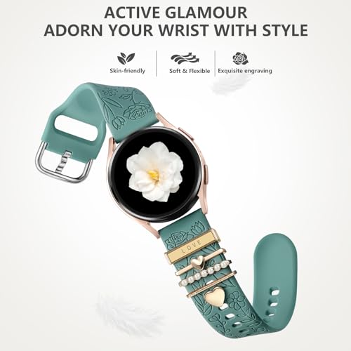 DaQin Flower Engraved Band Compatible with Samsung Galaxy Watch 7 Band/FE 6 5 4 40mm 44mm,Galaxy Active 2, 20mm Watch Band Soft Silicone Replacement Strap with Decorative Charms Accessories Women