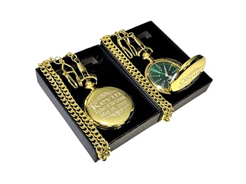 1 Engraved Pocket Watch - Comes with Fitted Custom Box, Chain and Engraving - Green dial with Silver Roman Numerals - Personalized Wedding Gifts (Rose Gold)