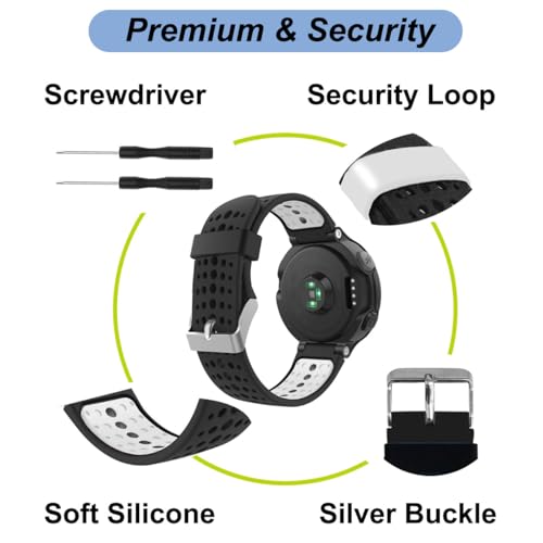 Watch Band for Garmin Approach S20/S5/S6, Forerunner 220/230/235/620/630/735XT, Soft Silicone Band Replacement Strap for Garmin Watch (Black/White)