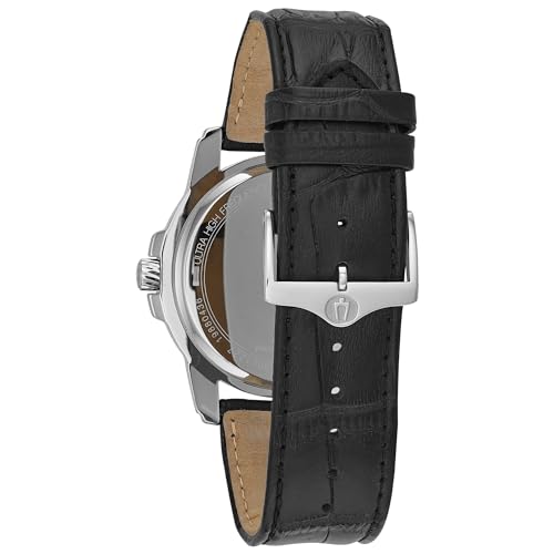 Bulova Men's Precisionist 3-Hand Calendar in Stainless Steel with Black Leather Strap and Black Patterned Dial Style: 96B158