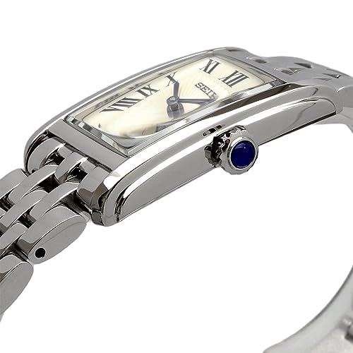 Seiko SWR083 Rectangular Watch - Essentials Collection - Roman Numeral Dial, Blue Hands, Stainless Steel Bracelet, and 50m Water Resistance