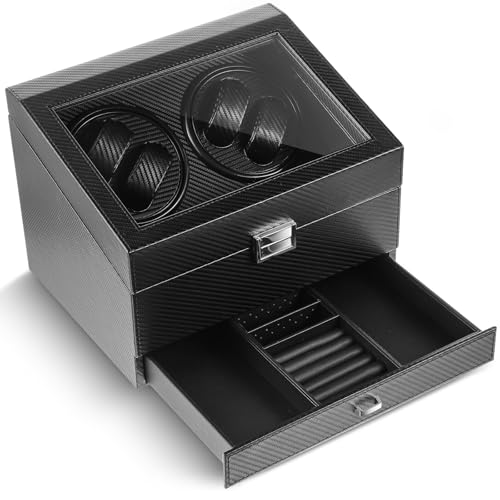 Liliaafar Watch Winder for Automatic Watch, Rotating Watch Display Case Quiet Running Motor Watches Jewelry Box with Drawer for Men & Women Gift(Black,Carbon Fiber Leather,6 Slots)