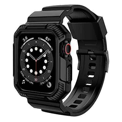 OROBAY Rugged Band Compatible with Apple Watch Band 45mm/44mm/42mm with Case, Shockproof Strap for iWatch SE3 SE2 SE Series 9/8/7/6/5/4/3/2/1 with Bumper Case Cover Men Women, Matte Black