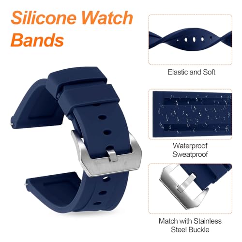 HARFINGTON Silicone Watch Bands 26mm Width Waterproof Quick Release Rubber Watch Bands with Silver Buckle for Men Women, Dark Blue