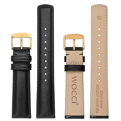 WOCCI 20mm Watch Band for Men and Women, Genuine Leather - Top Grain Leather, Quick Release Strap, Golden Buckle (Black)