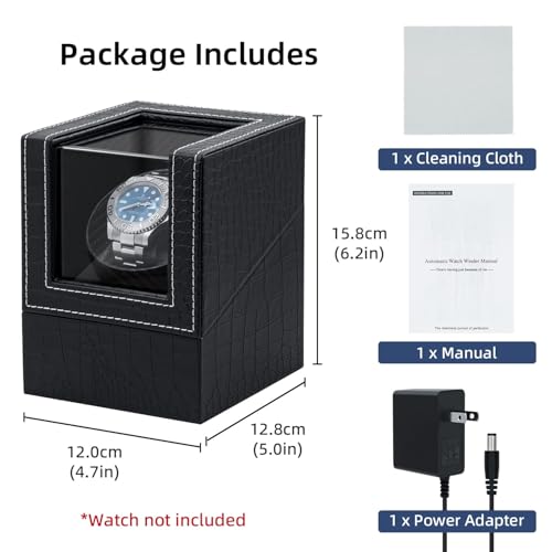 Mcbazel Single Watch Winder, Ultra Quiet Japanese Motor Automatic Watch Winder Box with Multiple Rotation Modes, Premium Watch Winder for Automatic Watches (AC/ Battery Powered) - Black with Crocodile Pattern