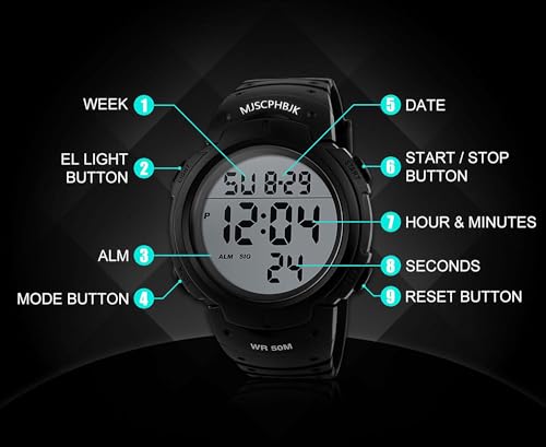 MJSCPHBJK Mens Digital Sports Watch, Waterproof LED Screen Large Face Military Watches for Men