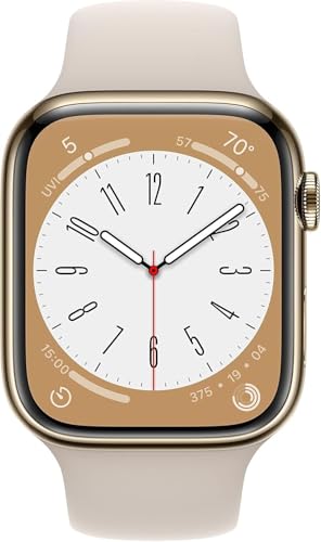 Apple Watch Series 8 (GPS + Cellular, 45mm) - Gold Stainless Steel Case with Starlight Sport Band (Renewed)