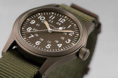 Hamilton Khaki Field Mechanical Men's Watch, 38mm Stainless Steel Case, Swiss Made, Green Dial Analog Wrist Watch for Men, 50m Waterproof, Sapphire Crystal, Textile Strap