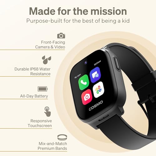 JrTrack 5 Kids Smart Watch by Cosmo | Best Kid-Safe Phone Watch | Precision Real-Time GPS Tracking | Call, Text, Activity, School Settings | Spotify Music | Parental Controls | SOS & Safety Alerts