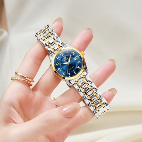 OLEVS Womens Watches Classic Business Two Tone Analog Quartz Female Wristwatch Ladies Luminous Calendar Easy Read Blue Reloj de Mujer