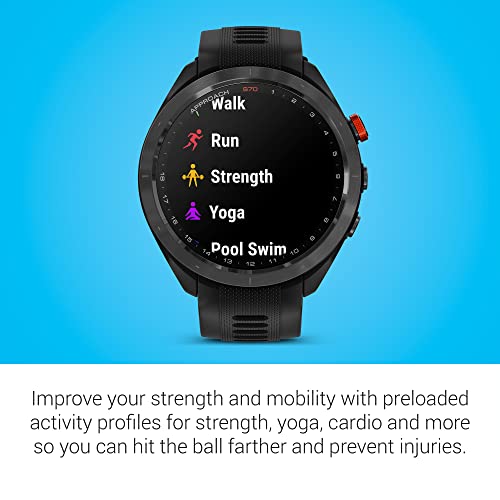 Garmin Approach S70 Golf Smartwatch, Full-Color CourseView Maps AMOLED Display, Advanced Shot Execution & Putt Alignment, Immersive Golfing Experience w/Signature Stand Power Bundle