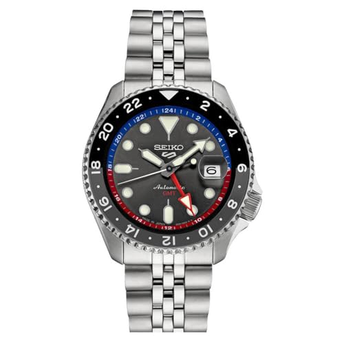 SEIKO SSK019 Automatic Watch for Men - 5 Sports Collection - Men's Sport Watch, Stainless Steel, Charcoal Dial, GMT Hand - Water-Resistant 100M