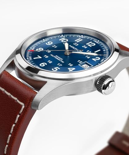 Hamilton Khaki Field Automatic Unisex Watch, 38mm Stainless Steel Case, Swiss Made, Blue Dial Analog Wrist Watch Unisex 100 Meters Water resitance, Sapphire Crystal, 3-Hand Movement, Leather Strap