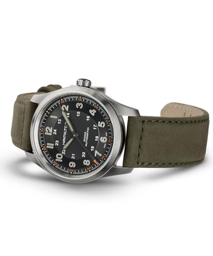 Hamilton Khaki Field Titanium Automatic Men's Watch, 38mm Titanium Case, Swiss Made, Black Dial Analog Wrist Watch for Men, 100m Waterproof, Sapphire Crystal, 3-Hand Movement, Cow Leather Strap