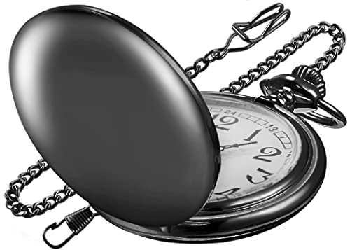 Realpoo SwitchMe Smooth Black Pocket Watch for Men Quartz Arabic Digital Dial with Chain,Smooth Quartz Men's Pocket Watch for Father's Day Christmas Gift - Black
