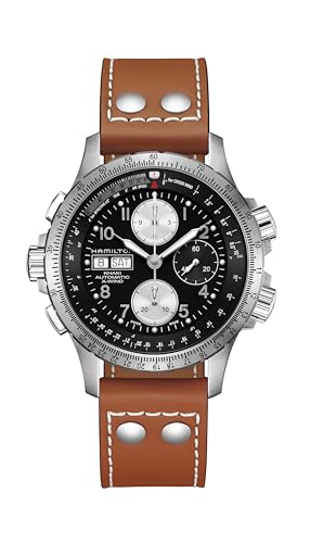 Hamilton Khaki Aviation Automatic Men's Watch, 44mm Stainless Steel Case, Swiss Made, Black Dial Analog Wrist Watch for Men, 100m Waterproof, Sapphire Crystal, Cow Leather Strap