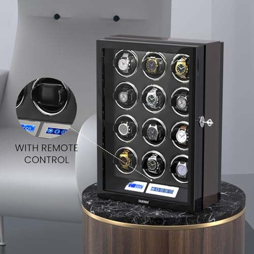 DUKWIN Watch Winder for 12 Automatic Watches with Key Lock, LCD Screen, Remote Control, LED Light, Adjustable Watch Pillow and Supper Quiet Motor for Universal Watches