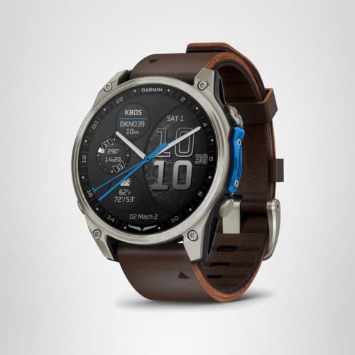 Garmin D2™ Mach 2 – 47 mm, Premium Aviator Smartwatch with GPS, Advanced Flight Maps, LED Flashlight, Built-in Microphone/Speaker for Calls and Texts, Titanium with Oxford Brown Leather Band