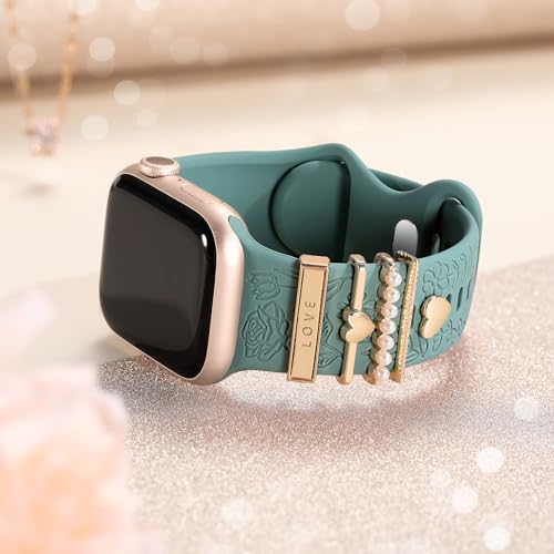 DaQin Flower Engraved Band Compatible with Apple Watch Bands for Women 40mm 38mm 41mm 42mm, Soft Silicone Strap With Dressy Decorative Apple Watch Charms for iWatch Series 11 10 9 8 7 6 5 4 3 2 1 SE