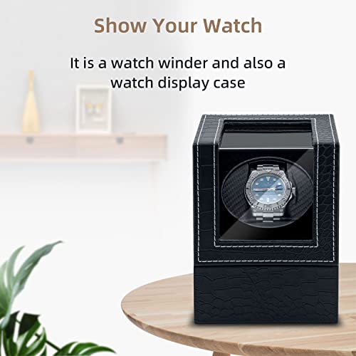 Mcbazel Single Watch Winder, Ultra Quiet Japanese Motor Automatic Watch Winder Box with Multiple Rotation Modes, Premium Watch Winder for Automatic Watches (AC/ Battery Powered) - Black with Crocodile Pattern