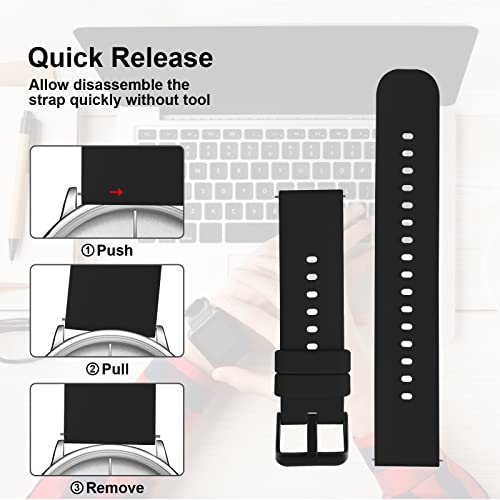 TIESOME 20mm Silicone Watch Bands, Quick Release Waterproof Soft Rubber Replacement Straps with Silver Plated Stainless Steel Buckle Compatible with Smart Watch Sport Watch for Men Women (20mm, Black)