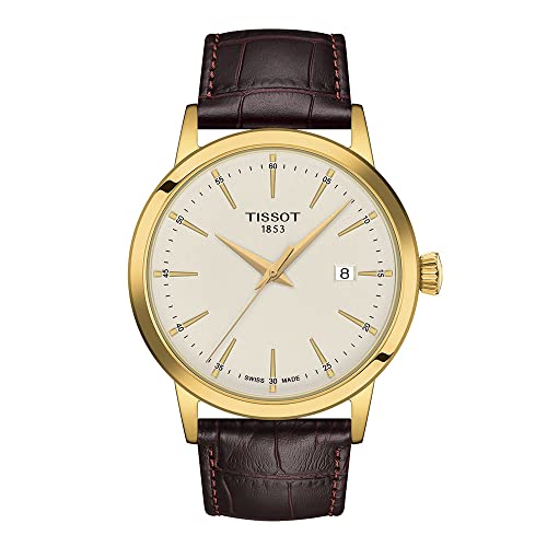 Tissot Mens Tissot Classic Dream 316L Stainless Steel case with Yellow Gold PVD Coating Quartz Watch, Brown, Leather, 22 (T1294103626100)