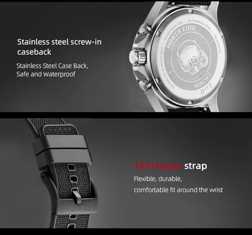 NORTH EDGE Men’s Solar Powered Watch with TPR & Nylon Strap, Quartz Analog Watch, 50M Water Resistant, 316 Stainless Steel Case, Hardened Mineral Glass, 22mm Strap