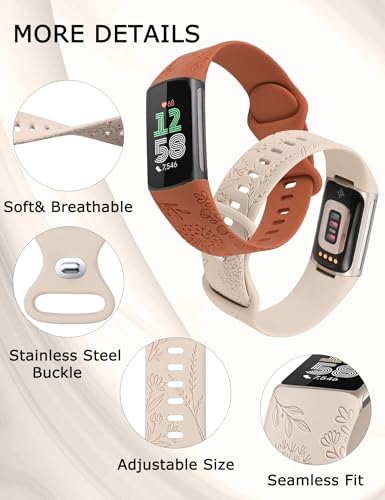 Minyee 3 Packs Floral Engraved Band Compatible with Fitbit Charge 6 Bands/Fitbit Charge 5 Bands Women, Cute Soft Silicone Dandelion Flower Pattern Sport Designer Fancy Summer Strap for Charge 6/5