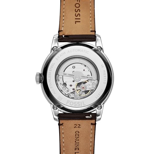 Fossil Men's Watch, Townsman Automatic Stainless Steel and Leather Two-Hand Skeleton Watch for Men, Color: Silver, Brown