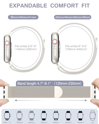 Original Stainless Steel Milanese Loop Compatible with Apple Watch Band 38mm 40mm 41mm 42mm 44mm 45mm 49mm, Magnetic Clasp Replacement Band for iwatch Series 9, Ultra 2/Ultra, SE/SE 2nd Generation, 8 7 6 5 4 3 2 1, Women & Men Watch Bands for iWatch (Star