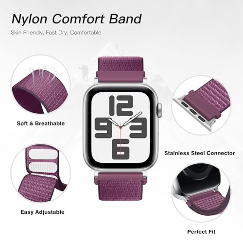 ONFNZ 6 Pack Nylon Sport Loop Band for Women & Men, Soft Adjustable Replacement Straps for iWatch Series 11 & 10, Plum/Rose Pink/Light Pink/Black/Shimmering White/Blue Cloud, 38/40/41/42 mm
