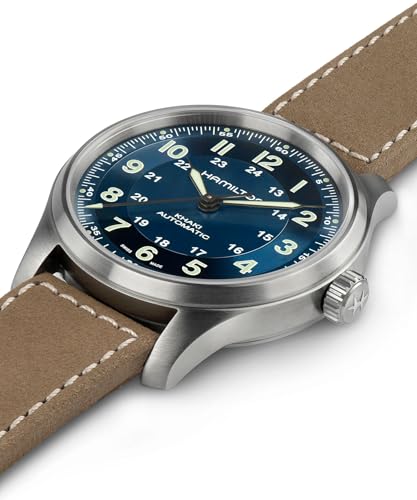 Hamilton Khaki Field Titanium Automatic Men's Watch, 42mm Titanium Case, Swiss Made, Blue Dial Analog Wrist Watch for Men, 100m Waterproof, Sapphire Crystal, 3-Hand Movement, Cow Leather Strap