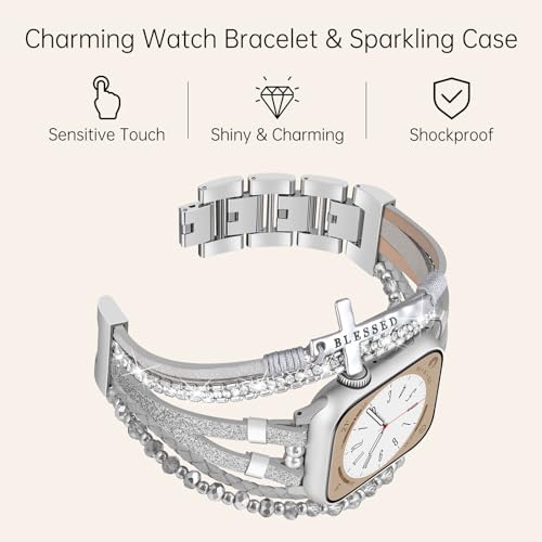 Boho Bracelet & Case Compatible with Apple Watch Band 40mm 44mm 45mm 46mm 41mm 38mm 42mm(S11 S10) Women, Dressy beaded Handmade Leather Strap for iWatch Series11 10 9 8 7 6 5 4 3 2 1 SE