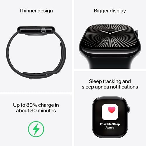 Apple Watch Series 10 [GPS, 46mm] - Jet Black Aluminum Case with Black Sport Band, M/L (Renewed Premium)