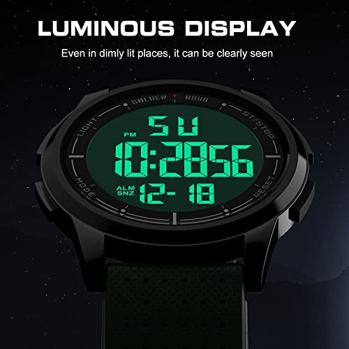 GOLDEN HOUR Ultra-Thin Minimalist Sports Waterproof Digital Watches Men with Wide-Angle Display Rubber Strap Alloy Steel Case Wrist Watch for Men Women in Army Green