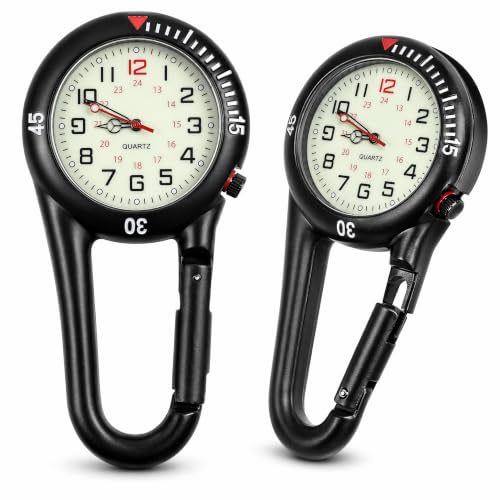 Toyvian Clip-on Carabiner Watches, 2 Pieces Glow in The Dark Quartz Pocket Watches Waterproof Luminous Fob Watch for Men Women Nurses Hikers Doctors Backpacking Heavy Duty Outdoor Timepiece