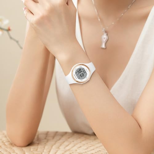 GOLDEN HOUR Waterproof Sport Women's Digital Chronograph Silicone Strap Watch in White