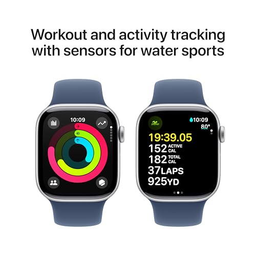Apple Watch Series 10 [GPS 42mm case] Smartwatch with Silver Aluminum Case with Denim Sport Band - S/M. Fitness Tracker, ECG App, Always-On Retina Display, Water Resistant