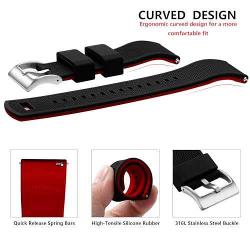 Artthurse Silicone Watch Bands Quick Release 18mm, 20mm, 22mm for Men and Women Replacement Rubber Watch Band Soft Breathable Waterproof Sport Watchbands Straps (Black Red & Silver, 22mm)
