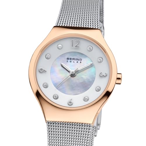BERING Women's Solar Watch | 27mm Case | Wristwatch with Rose Gold Case | White Dial | Silver Milanese Strap | 5 ATM | 14427-060