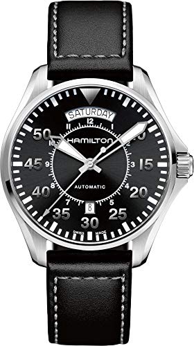 Hamilton Khaki Aviation Automatic Men's Watch, 42mm Stainless Steel Case, Swiss Made, Black Dial Analog Wrist Watch for Men, 100m Waterproof, Sapphire Crystal, Calf Leather Strap