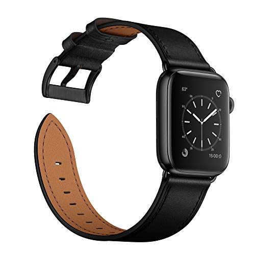 OUHENG Leather Bands Compatible with Apple Watch Band 42mm 41mm 40mm 38mm, Genuine Leather Strap Compatible with Apple Watch Series 11/10/9/8/7/6/5/4/3/2/1 & SE3 SE2 SE, Black/Black