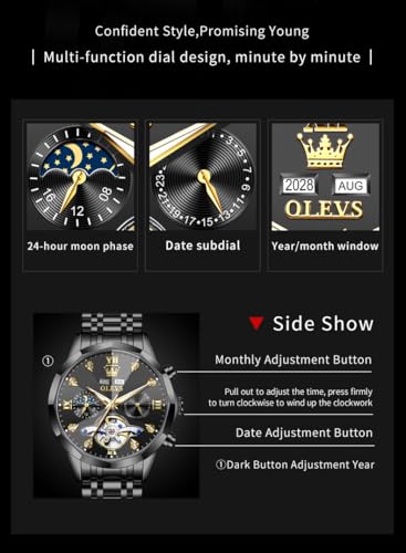 OLEVS Black Self Winding Watches for Men Mechanical Business Dress Skeleton Waterproof Luminous Date Automatic Luxury Casual Man Watch