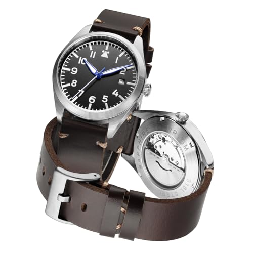Boyarca Pilot Watch Men's Aviator Wrist Watch Japan Automatic Movement Retro Mechanical Watches Stainless Steel Case with Luminous Waterproof (Brown White)