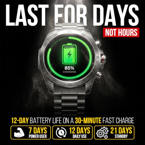 ALPHAGEAR Commander Smartwatch for Men, Tactical Military Smart Watch, 12-Day Battery, AMOLED Display, Bluetooth Calling, IP68 Water Resistant, Stainless Steel, for Android iPhone, Dark Gray